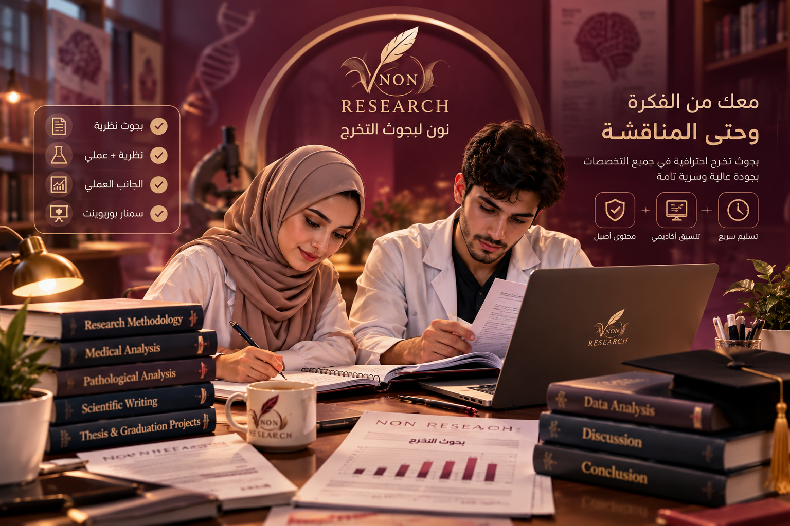 طالب وطالبة يدرسان ويعملان على البحوث - نون لبحوث التخرج